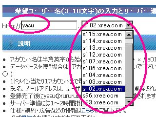 希望ユーザ名の入力とサーバの選択です。